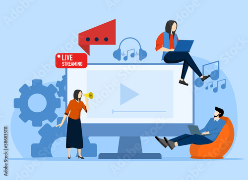 Concept Live streaming, vlog broadcast. People watch live streams on social networks and share videos online. Streaming video podcasts. Business work process. Vector illustration