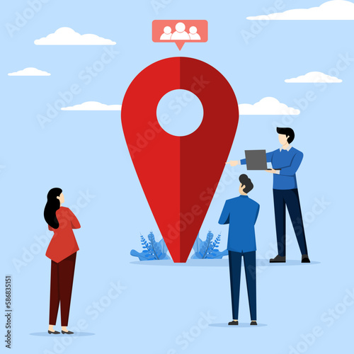 Meeting point concept for making group or public meeting, Men and women gathered around a map pin or location sign. gather people together. Modern flat vector illustration for banners, posters.