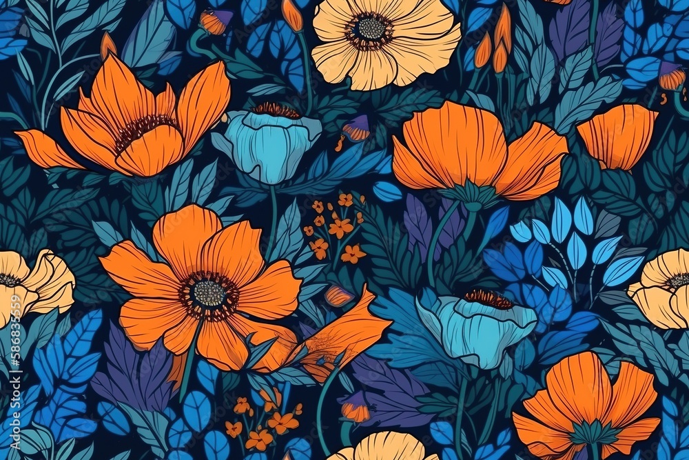 Vibrant blue field of blooming flowers seamless pattern illustration with Generative AI