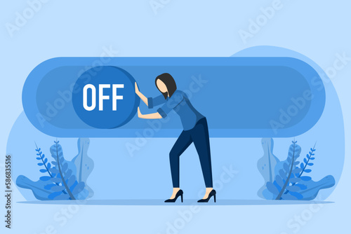 Business closing concept. Businesswoman turning off the switch. Failure in career development, crisis concept. bankruptcy. Closed company in financial crisis. Economy problem. New business risk