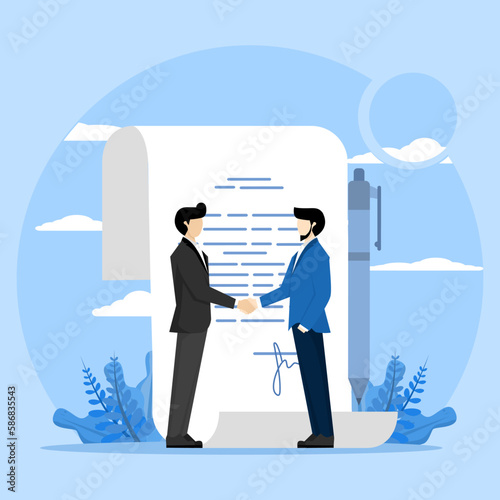 Concept Business deal, successful contract or negotiation, agreement document or collaboration, executive handshake, businessman partners shaking hands after signing business agreement document.