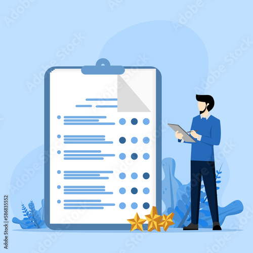 Concept of public survey, customer review, rating or score, consumer opinion, market research. man with pencil filling out paper forms or asking questions in questionnaire. Flat vector illustration.