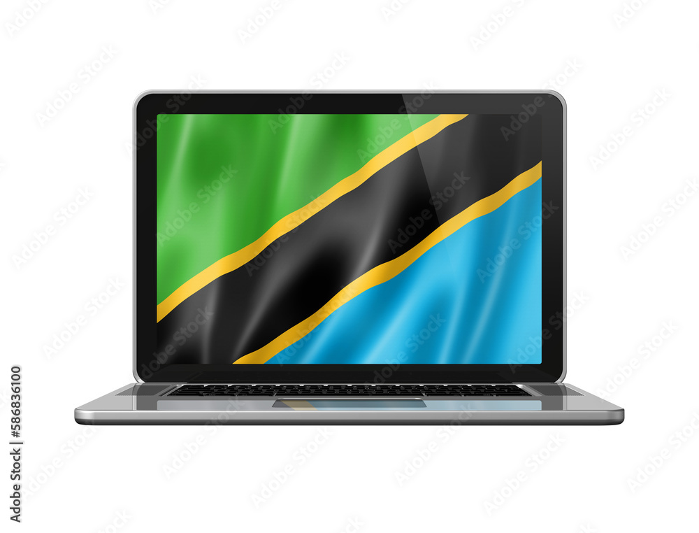 Tanzania flag on laptop screen isolated on white. 3D illustration Tanzania flag on laptop screen isolated on white. 3D illustration