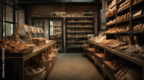 Blurred organic, eco-friendly vegan grocery, bakery store with wooden wall, parquet floor, variety of bread, bun, snack on shelf for healthy shopping lifestyle, interior design decoration background