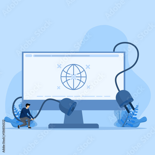 Server error concept, website unavailable, access denied. Landing page template with internet user and browser window with plug unplugged from socket. Modern flat vector illustration for web page. photo