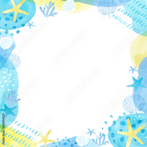 優しい水彩の海の生き物ベクターイラストフレーム背景(バナーやポスターに。)