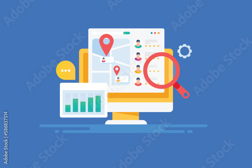 Customer review for local business on search engine. Local SEO web traffic analytics map location geo direction on web page. Vector banner concept.