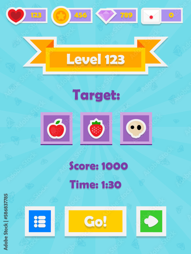 Menu of game graphic user interface on screen of 2d mobile game ...