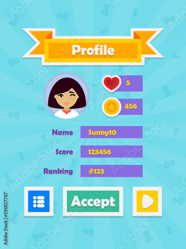Menu of game graphic user interface on screen of 2d mobile game application in flat cartoon style with simple theme