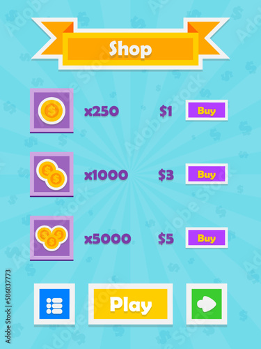 Menu of game graphic user interface on screen of 2d mobile game application in flat cartoon style with simple theme