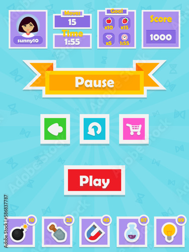 Menu of game graphic user interface on screen of 2d mobile game application in flat cartoon style with simple theme