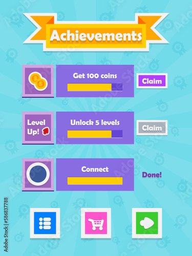 Menu of game graphic user interface on screen of 2d mobile game application in flat cartoon style with simple theme