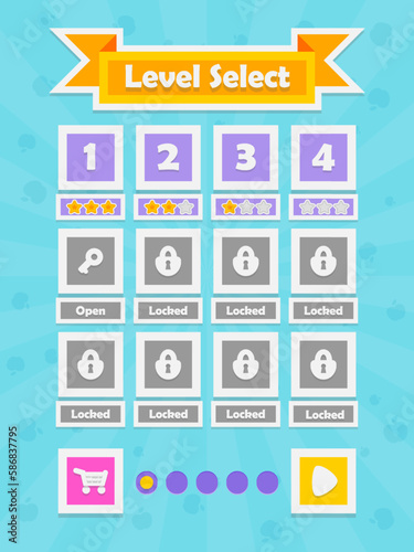Menu of game graphic user interface on screen of 2d mobile game application in flat cartoon style with simple theme