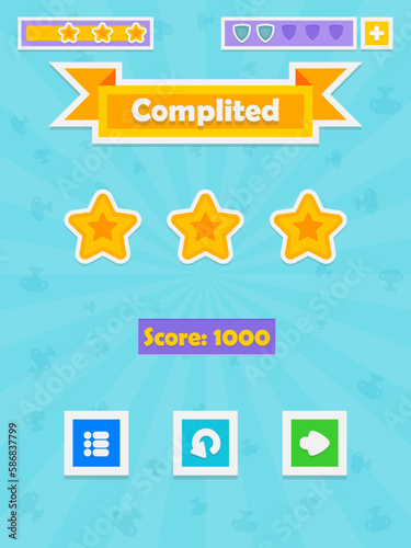 Menu of game graphic user interface on screen of 2d mobile game application in flat cartoon style with simple theme