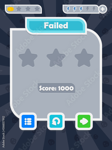 Menu of game graphic user interface on screen of 2d mobile game application in flat cartoon style with simple theme