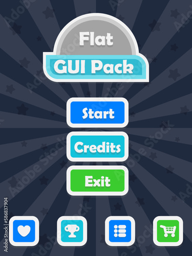 Menu of game graphic user interface on screen of 2d mobile game application in flat cartoon style with simple theme