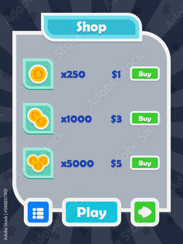 Menu of game graphic user interface on screen of 2d mobile game application in flat cartoon style with simple theme
