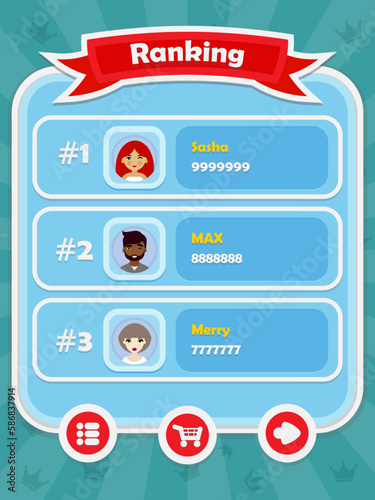 Menu of game graphic user interface on screen of 2d mobile game application in flat cartoon style with simple theme