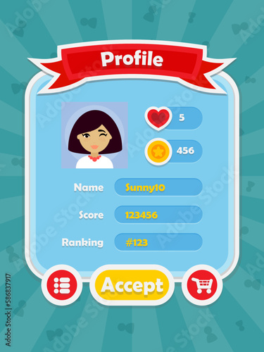 Menu of game graphic user interface on screen of 2d mobile game application in flat cartoon style with simple theme