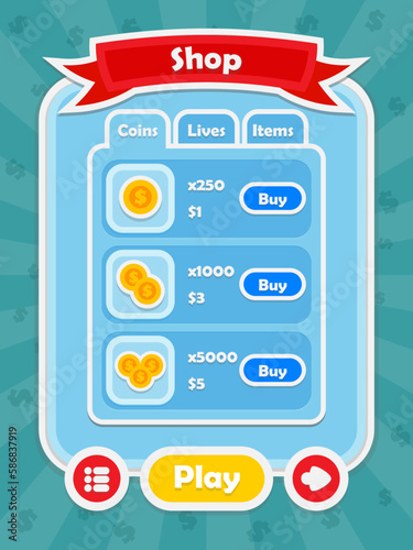 Menu of game graphic user interface on screen of 2d mobile game application in flat cartoon style with simple theme