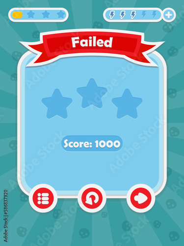 Menu of game graphic user interface on screen of 2d mobile game application in flat cartoon style with simple theme