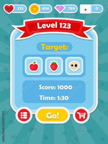 Menu of game graphic user interface on screen of 2d mobile game application in flat cartoon style with simple theme