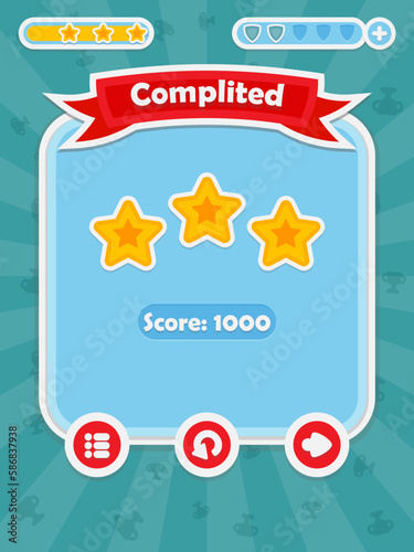 Menu of game graphic user interface on screen of 2d mobile game application in flat cartoon style with simple theme