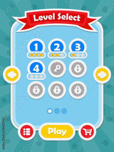 Menu of game graphic user interface on screen of 2d mobile game application in flat cartoon style with simple theme