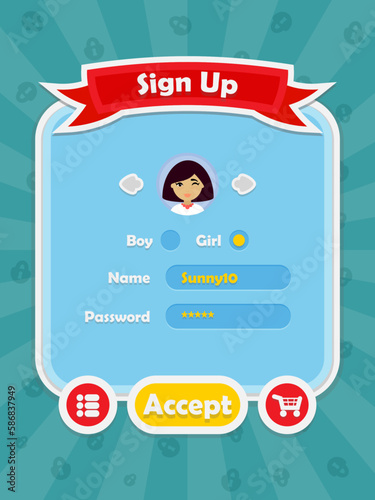 Menu of game graphic user interface on screen of 2d mobile game application in flat cartoon style with simple theme