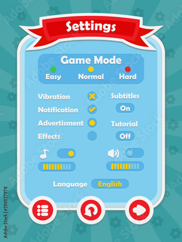 Menu of game graphic user interface on screen of 2d mobile game application in flat cartoon style with simple theme