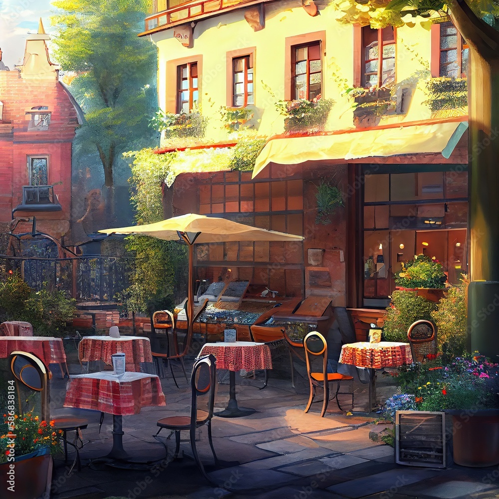 Summer terrace, outdoor city cafe, coffeehouse, created with generative ai