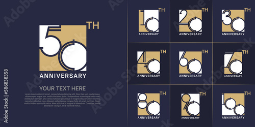 set of anniversary logotype golden and white color in square for special celebration event photo