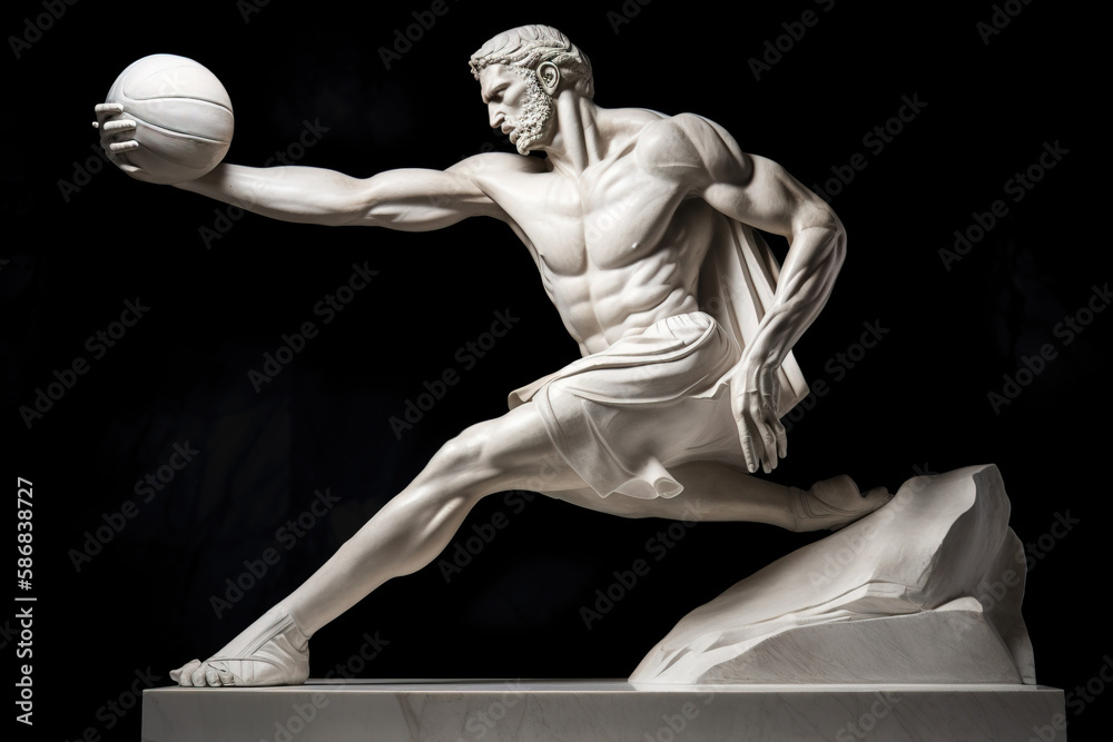 Fictional person. Marble Sculpture of Modern Basketball Player in Ancient Greek Temple