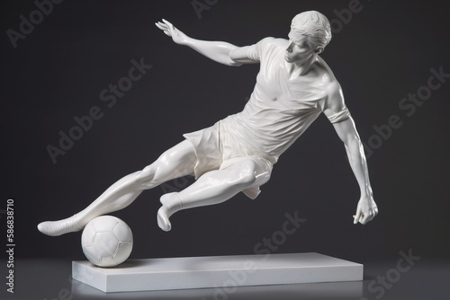 Fictional person. Marble Sculpture of Modern soccer player as ancient Greek statue in temple