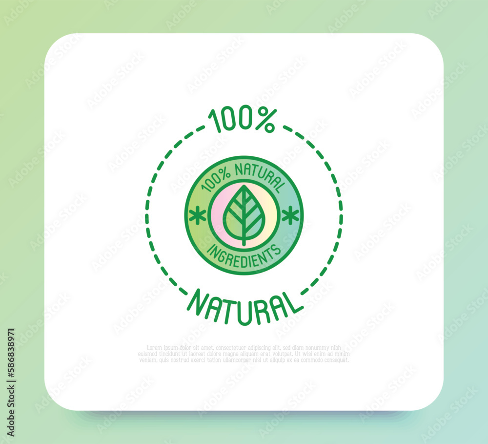 100 percent natural ingredients symbol. Thin line icon for package of organic product. Modern vector illustration. 100 percent natural ingredients symbol. Thin line icon for package of organic product. Modern vector illustration.