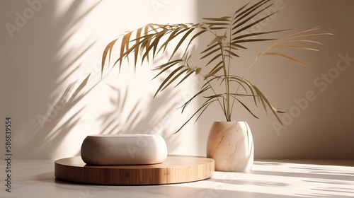 Modern minimal empty white marble stone counter table top  bamboo palm tree in sunlight  leaf shadow on wall background for luxury organic cosmetic  skin care  beauty treatment product display 3D
