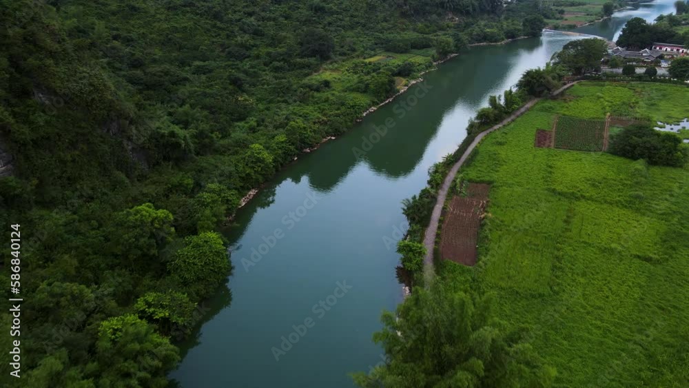 Li River in Yangshuo Valley in China, Beautiful Nature Scene - Aerial Li River in Yangshuo Valley in China, Beautiful Nature Scene - Aerial