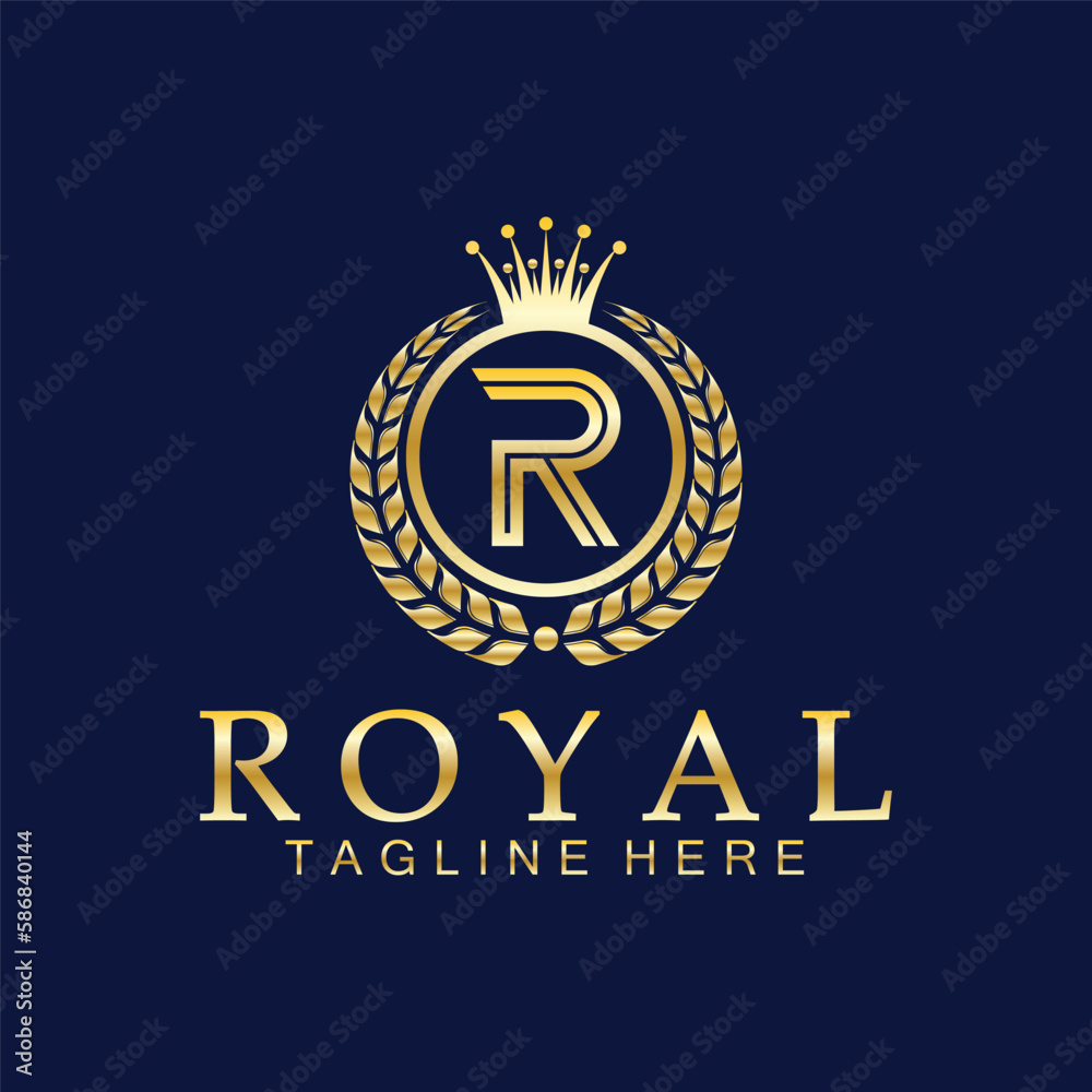Naklejka premium R initial royal crown logo. Royal, King, queen luxury symbol. Font emblem.