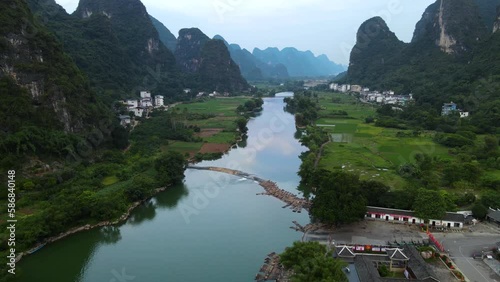 Guilin River in Yangshuo Mountain Valley, Breathtaking Aerial Landscape photo