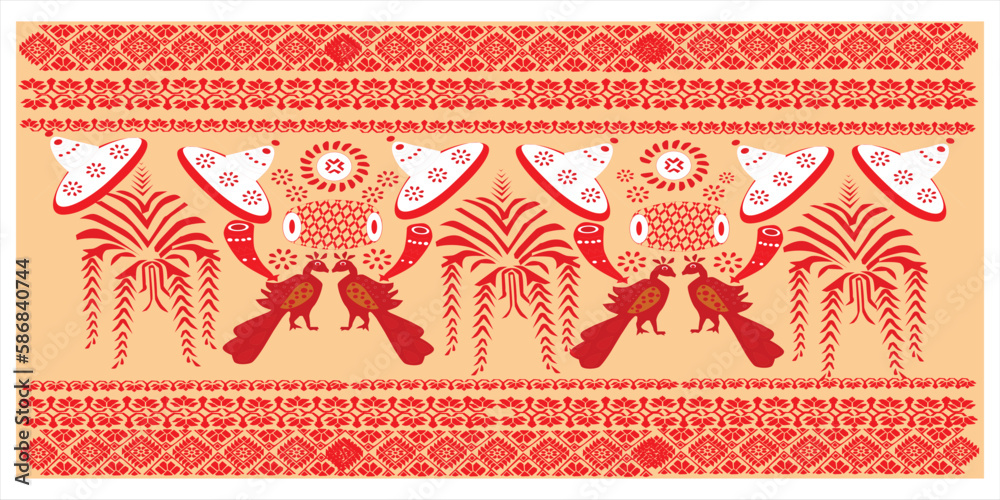 tribal pattern ( assamese pattern ) of northeast india which is used for textile design in assam gamosa , muga silk or other traditional dress.similar to ukrainian pattern or russian pattern. tribal pattern ( assamese pattern ) of northeast india which is used for textile design in assam gamosa , muga silk or other traditional dress.similar to ukrainian pattern or russian pattern.