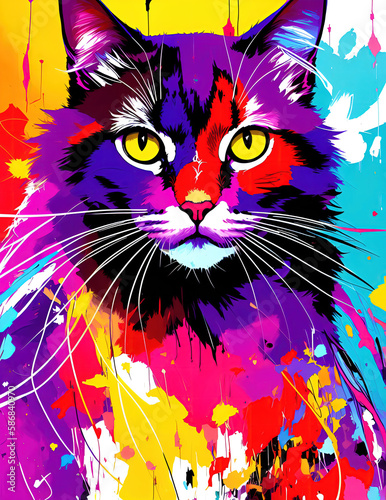 Cat with abstract beauty, looking at the camera, psychedelic colors, dynamic, highly detailed, digital painting, smooth, sharp focus, illustration Generative AI