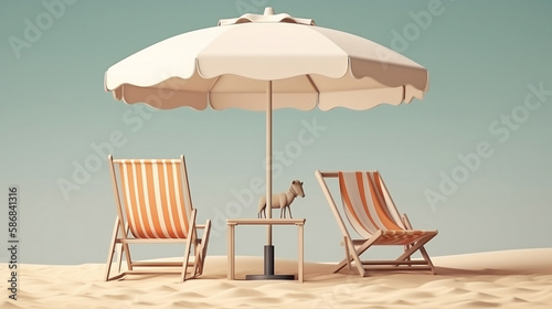 Beach chair with umbrella and beach ball on pink background. Generative AI.