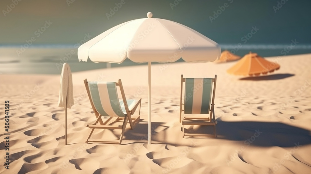 Beach chair with umbrella and beach ball on pink background. Generative AI. Beach chair with umbrella and beach ball on pink background. Generative AI.