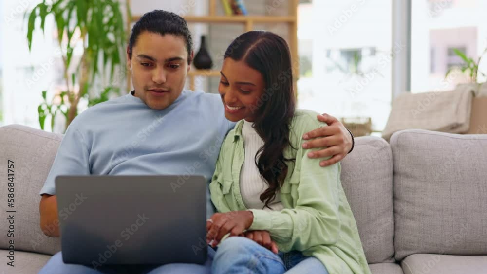 Love, relax and couple on couch, laptop and watching movie with smile, relationship and laughing. Romance, man or woman with technology or streaming in home lounge, rest or care with joy or dating Love, relax and couple on couch, laptop and watching movie with smile, relationship and laughing. Romance, man or woman with technology or streaming in home lounge, rest or care with joy or dating