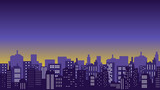 Panoramic silhouette of the city and many tall buildings against the purple sky