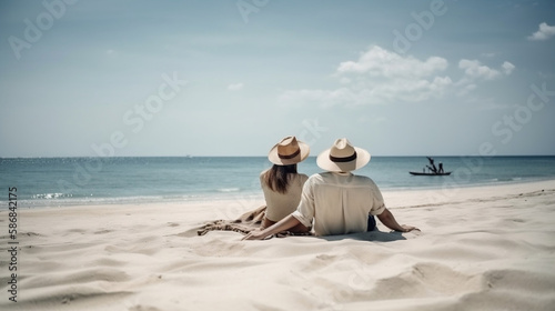happy couple enjoy luxury sunset on the beach during summer vacations. Generative AI.