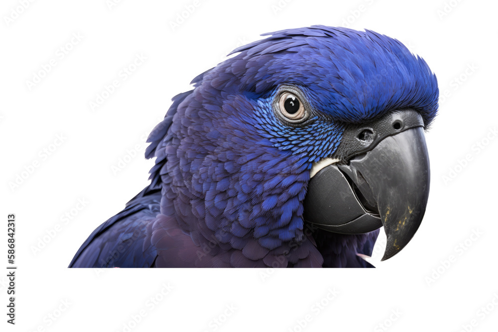 Obraz premium a jungle-themed macro photographic illustration of a blue indigo and purple macaw parrot with green eyes transparent background in PNG. T-shirt design. Generative AI