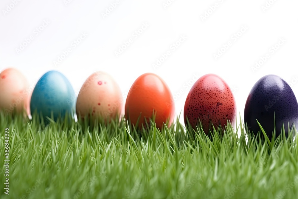 colored Easter eggs arranged in a row on a green grassy background. Generative AI