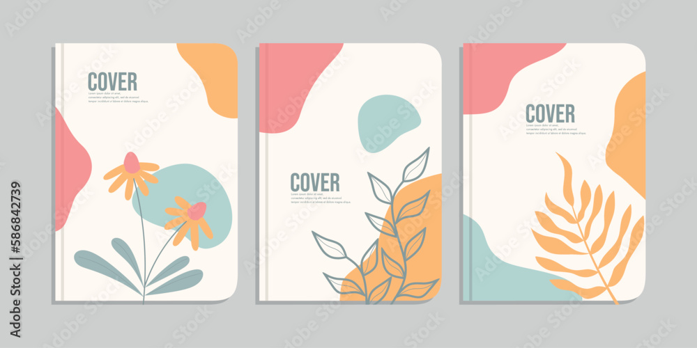 set of book cover designs with hand drawn floral decorations. abstract retro botanical background.size A4 For notebooks, diary, invitation, planners, brochures, books, catalogs