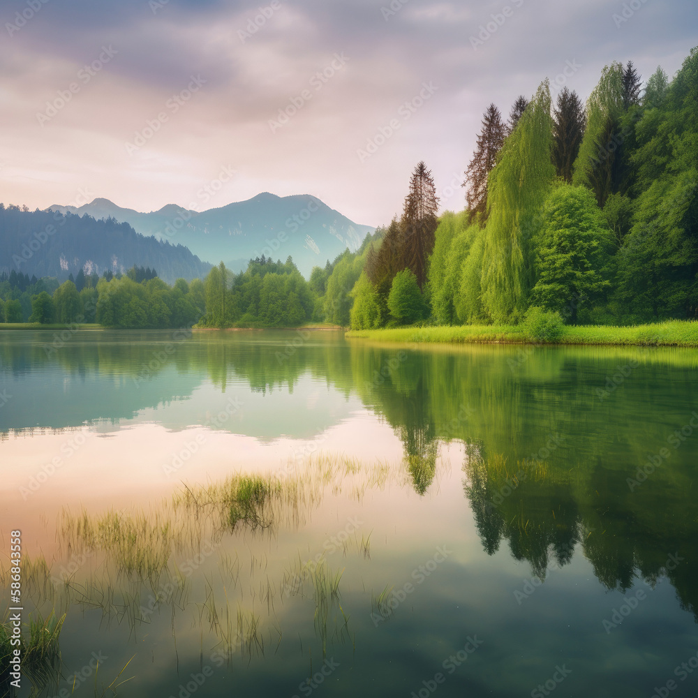 Beautiful landscape illustration of a serene lake with the reflection of tall trees in it.